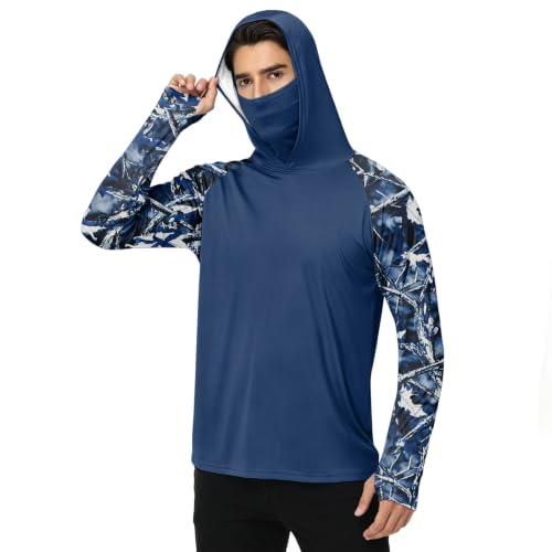 Men's UPF 50+ UV Protection Fishing Shirt with Face Mask Long Sleeve Quick Dry Breathable Sun Hoodie for Beach - color: A Dark Blue, size: Large
