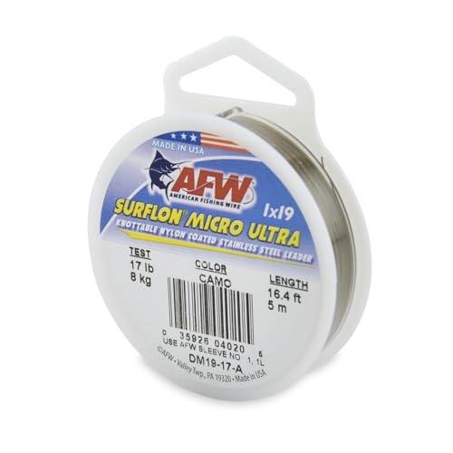 American Fishing Wire Surflon Micro Ultra Nylon Coated 1x19 Stainless Steel Leader Wire - Knottable Fishing Leaders Saltwater & Fly Fishing, 6lb Test - 61lb Test, Bright, Black & Camo Colors - color: Camo, style: 5 Meter, 17 Pound Test