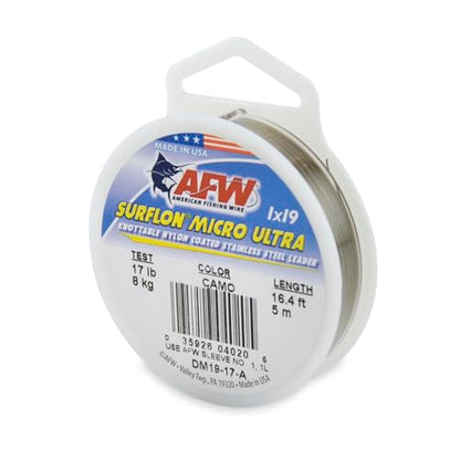 American Fishing Wire Surflon Micro Ultra Nylon Coated 1x19 Stainless Steel Leader Wire - Knottable Fishing Leaders Saltwater & Fly Fishing, 6lb Test - 61lb Test, Bright, Black & Camo Colors - color: Camo, style: 5 Meter, 17 Pound Test