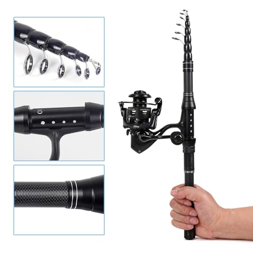 Telescopic Fishing Rod and Reel Combo, Carbon Fiber Collapsible Travel Fishing Pole Kit with Carrier Case & Lures, Anti-Jam Gear for Adults Men Beginners, Freshwater, Saltwater - size: 7.5 ft