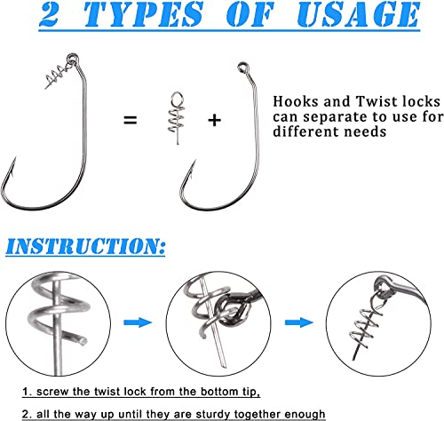 Twistlock Fishing Hooks,50pcs Bass Fishing Worm Hooks with Centering Pin Spring Unweighted Swimbait Hooks for Soft Plastics Lure Baits Saltwater Freshwater Size 1/0 2/0 3/0 4/0 5/0 - size: Size 4/0-50pcs