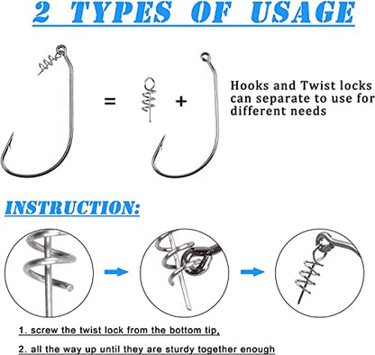 Twistlock Fishing Hooks,50pcs Bass Fishing Worm Hooks with Centering Pin Spring Unweighted Swimbait Hooks for Soft Plastics Lure Baits Saltwater Freshwater Size 1/0 2/0 3/0 4/0 5/0 - size: Size 4/0-50pcs