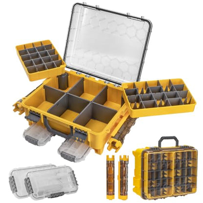 THKFISH Waterproof Double Side Tackle Box, Portable Storage Box with 2 Pack 3500 Stowaway Boxes & Rod Holders, Fishing Lure Organizer YellowPink/Green/Blue/Grey (L-Yellow) - color: L-Yellow