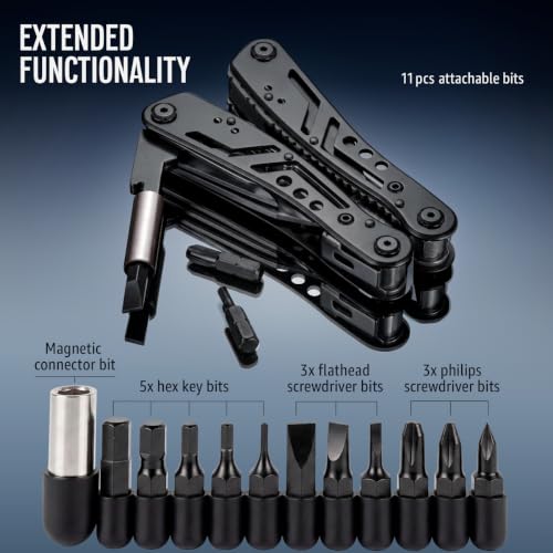 24-in-1 Multitool with Knife, Pliers & 11 Magnetic Bits - Black Stainless Steel Multi Tool for Camping, Hiking, EDC - Gift for Men 2238B - color: 2. Black