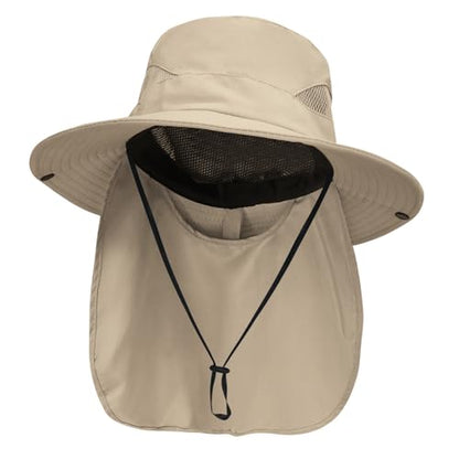 NPJY Sun Fishing Hats with Neck Flap for Men Women UV Sun Protection Safari Hat Wide Brim Bucket Hat - color: Pure Khaki(neck Flap)