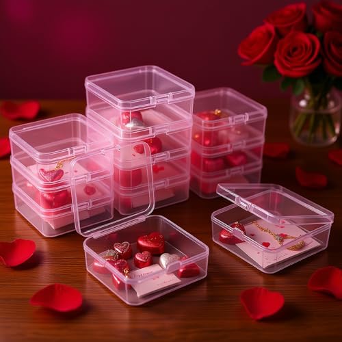 12 Pieces Square Empty Mini Clear Plastic Storage Box, 3.74x3.74x1.38 inch | Hinged Lids, For Small Items, Craft Projects - size: 3.74 x 3.74 x 1.38 inch