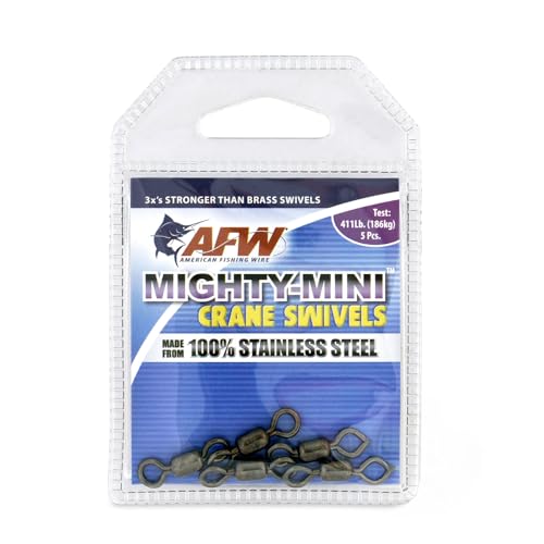 AFW American Fishing Wire Fishing Swivels - Mighty Mini 100% Stainless Steel Crane Swivels, 3X Stronger Than Brass, for Terminal Tackle Box, Up to 600lb Test - Fishing Gear for Fishing Line Leaders - size: 5 Pieces, 411 Pound Test