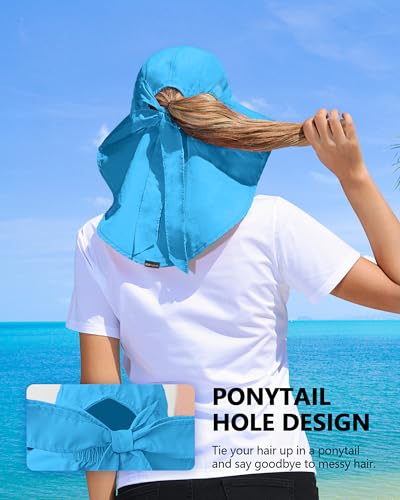 Womens Sun Hat Outdoor UV Protection Wide Brim Fishing Hat with Ponytail Hole Neck Flap for Beach Hiking Camping - color: Sky Blue