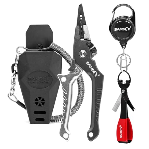 SAMSFX Aluminum Fishing Pliers Hook Remover Braid Line Cutter with Coiled Lanyard, Fly Fishing Knot Tying Tool & Retractors - color: Silver & Gray Handle, Split Ring Nose