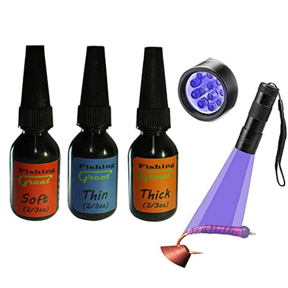 GREATFISHING Fly Tying UV Clear Glue and Power Light Combo Three Bottles Thick Thin and Soft +12 LED Light for Building Flies Heads Bodies Wings and Gluing Eyes - color: three uv glue combo