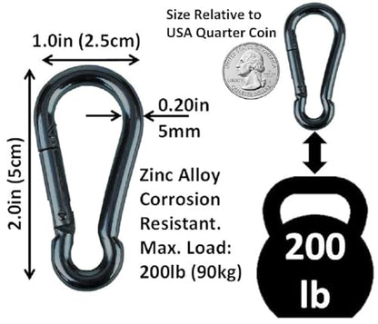 Black & Silver Zinc-Galvanized Heavy Duty Bushcraft Carabiner Spring Snap Clip Link Hooks 200-500lb Load 2, 6 & 12 Packs - color: 5cm (2.0in) Black 12 Pack