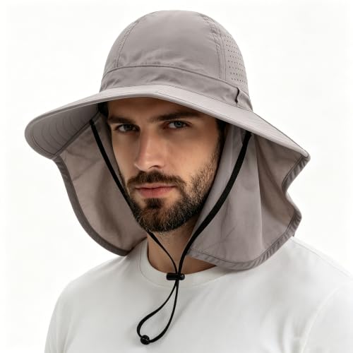 2Pack Sun Hat for Men Women with Neck Flap | UPF 50+ Wide Brim and Ponytail Hole Hiking Fishing Bucket Hat - color: 2pcs-beige&light Gray