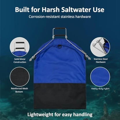 Blue Reef Lobster Catch Bag 30" x 24" – One-Hand Squeeze Open & Auto-Close, Extra Large Spearfishing & Diving Net Bag, Durable Nylon Mesh with Stainless Steel Frame for Lobster, Crab & Fish Catching