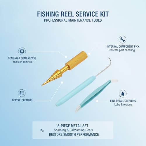 Fishing Reel Maintenance Tool Set, Metal Bearing Service Tool and Gear Service Kit for Spinning and Baitcasting Reels (Set of 3) - color: Gold
