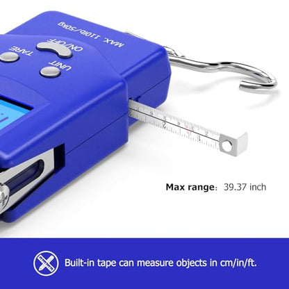 Dr.meter Fish Scale Luggage Scale Fishing Gear - 110lb Backlit LCD Display Digital Scale with Built-in Measuring Tape - Fishing Scale with 2 AAA Batteries, Pocket Size - Fishing Gifts for Men - color: Blue