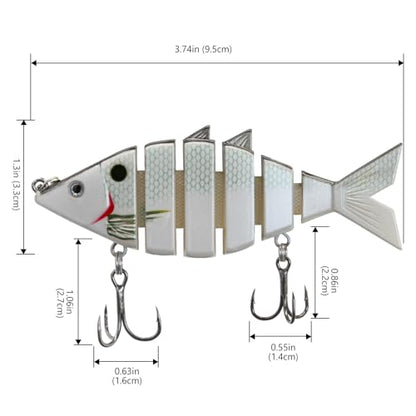 BASSDASH Bone Swimbait Multi Jointed Hard Fishing Lure for Bass Trout Bluegill Pike with Angled Cut Segments - color: White Shad