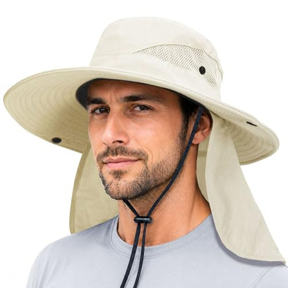 PFFY Sun Bucket Hats for Men Women Fishing Hat UV Protection Wide Brim Beach Safari Hat with Neck Flap - color: Beige (With Neck Flap)