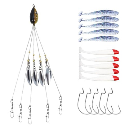 Dnyta 5 Arms Umbrella Rig Kit Umbrella‑Style Alabama Rig Kit, Classic | Multi‑Arm Fishing Bait Rigs Crank Hook and Soft Bait for Trout Perch Walleye Freshwater/Saltwater Boat Trolling - color: Classic