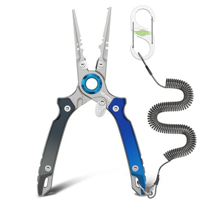 KEXMO 17-4 Stainless Steel Fishing Pliers, Anti-Twist Saltwater Hook Remover Tool, 7.17" Split Ring Pliers with Tungsten Cutters, Lightweight Aluminum Scales, Luminous Locking S-Carabiner - color: Blue