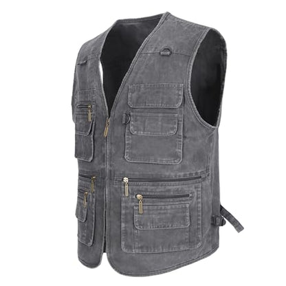 Men's Stone Washed Denim Multi-pocketed Fishing Work Outerwear Vest - color: Black, size: Small