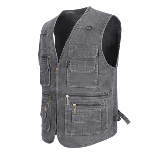 Men's Stone Washed Denim Multi-pocketed Fishing Work Outerwear Vest - color: Black, size: Large