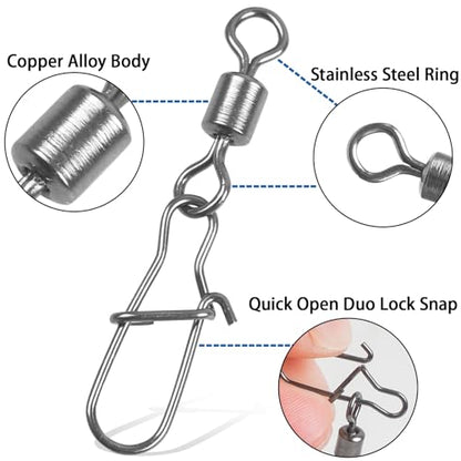Fishing Snap Swivels Rolling Barrel Swivels with Safety Snaps High Strength Copper and Stainless Steel, Black Nickel Coated Quick Connect Swivel Snap Fishing Tackle - color: 55pcs(2,4,5,6,8,10#)