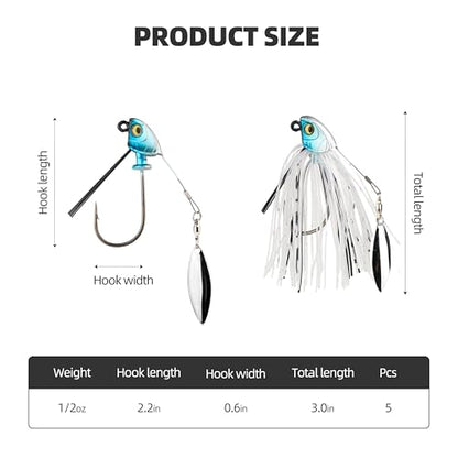 Weedless Swim Jigs & Spinnerbait Jigs Combo Pack, Bass Rubber Jigs with Silicone Skirts, 3D Eyes & Weed Guard for Freshwater Saltwater Bass Trout Fishing - size: 1/2oz