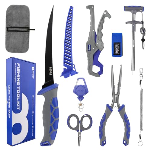 Booms Fishing Tool Kit Saltwater: 8pcs Fishing Gear and Equiment - 7” Fillet Knife, Needle Nose Pliers, Fish Gripper, Scissors, Retractor, Rod Strap, Hook Keeper, Lanyard - Fishing Gift for Men, XT02