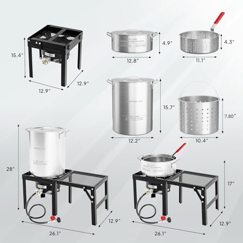 ROVSUN 30QT Turkey Fryer & 10QT Fish Fryer Kit w/ 55,000BTU Propane Stove, Aluminum Outdoor Deep Fryer & Seafood Boiler Steamer w/Baskets, Thermometer, Marinade Injector, Turkey Rack & Rack Lifter - size: 30QT&10QT