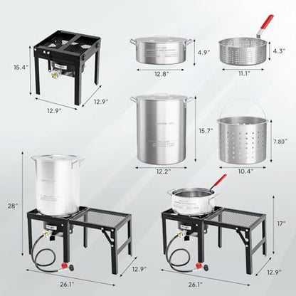 ROVSUN 30QT Turkey Fryer & 10QT Fish Fryer Kit w/ 55,000BTU Propane Stove, Aluminum Outdoor Deep Fryer & Seafood Boiler Steamer w/Baskets, Thermometer, Marinade Injector, Turkey Rack & Rack Lifter - size: 30QT&10QT