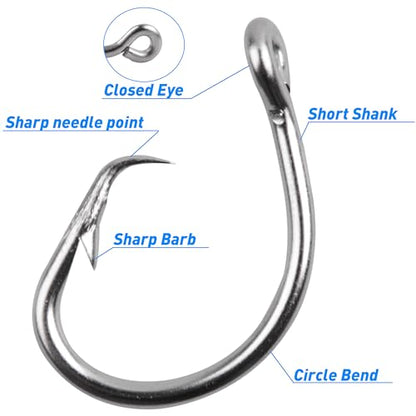 Circle Hooks Saltwater, 40pcs Stainless Steel in-line Straight Eye Tuna Circle Hook Extra Strong Wire Short Shank Fishing Hooks for Tuna Bass Catfish