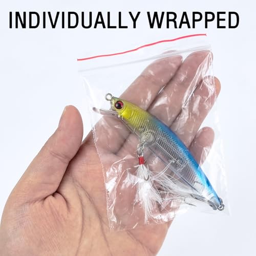 10Pcs Fishing Lures Minnow Bass Lure Jerkbait Topwater Hard Baits with Double Treble Hooks Flasher Feathers for Bass Trout Walleye Redfish Saltwater Freshwater 3.4in/0.3oz