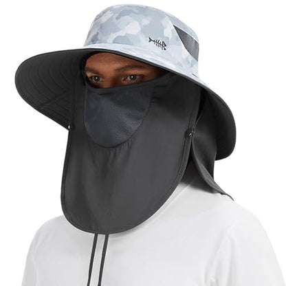 BASSDASH UPF 50+ Breathable Sun Hat with Removable Face Cover and Neck Flap Wide Brim Bucket Hat for Fishing Hiking Men Women - color: Light Grey Camo/Dark Grey