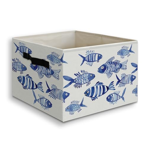 Blue Fish Beach Coastal Foldable Storage Bins Box with Handles, Watercolor Ocean Animals Fish Beachy Collapsible Organizer Basket for Beach Bedroom Bathroom Clothes Toys Books