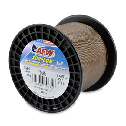 American Fishing Wire Surflon Nylon Coated 1x7 Stainless Steel Wire Leader - Wire Fishing Leader Line for Saltwater 10lb Up To 250lb Test in Bright, Black, Camo in 30ft, 100ft, 300ft, & 1000ft Lengths - color: Camo, style: 300 Feet, 250 Pound Test