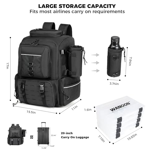WANOON Fishing Backpack 45L with 4 Tackle Boxes | Durable & Comfortable, Waterproof Insulated Bait Pocket, 4 Rod Holders - color: Black, size: 45L-With Tackle Boxes