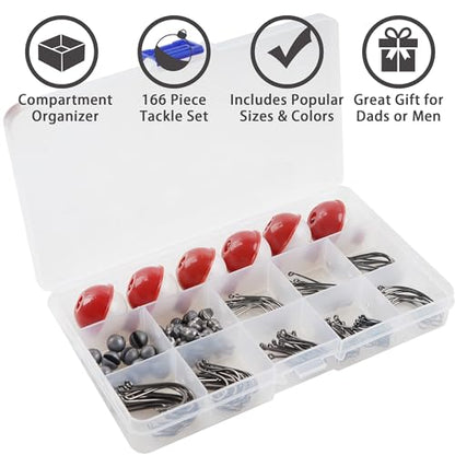 166pcs Fishing Hook Bobber Tackle Kit,Beginner Equipment Fishing Float Bobbers,Circle Hooks,Sinker Weights Bass Fish Hook,Octopus Baitholder Hooks Starter Kit for Artificial Live Bait