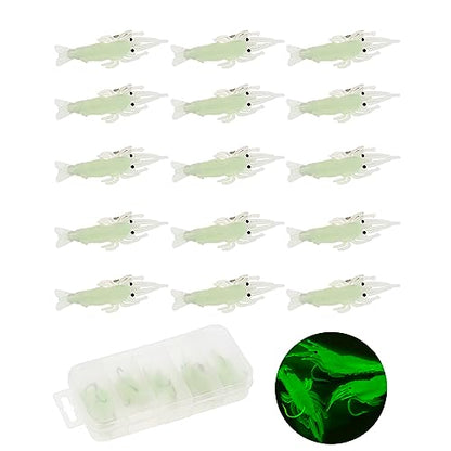 15pcs Soft Luminous Shrimp Lures, Realistic Fishing Lure Baits for Bass, Walleye, Trout & More