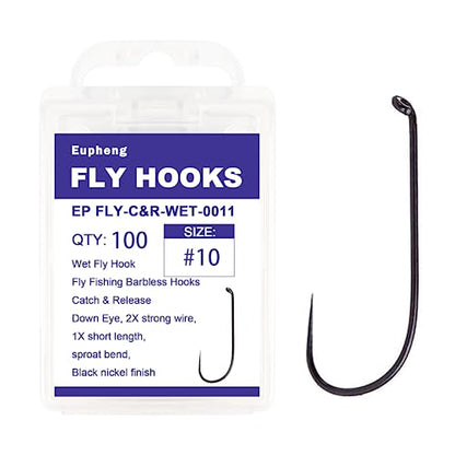 Eupheng Fly Fishing Hooks 100pc Pack Barbless Catch & Release Dry Wet Nymph Shrimp&Pupa, Streamer, Caddis, Jig, Scud Flies Fishing Hooks - color: EP Fly-C&R-WET-0011, size: #10