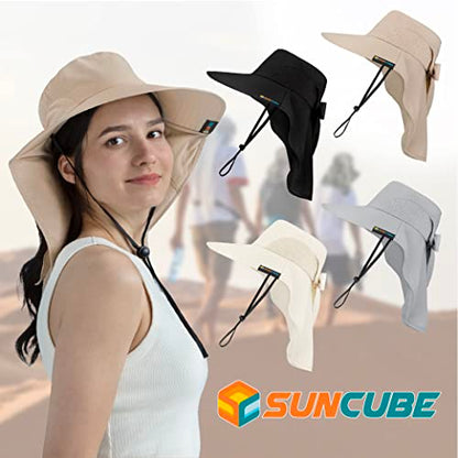 SUN CUBE Wide Brim Sun Hat with Neck Flap for Men Women, UPF50+ Fishing - color: Tan With Bow