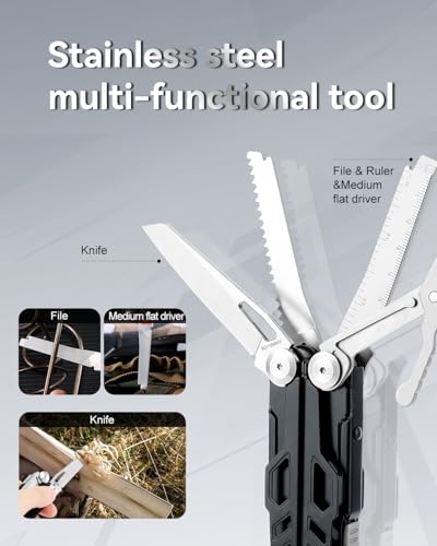 15-in-1 Multitool Pliers with Sheath, Stainless Steel, Black | Folding Multi Tool, Needle Nose Pliers & Wire Cutters, Knife, Saw, Screwdrivers, Bottle Opener, EDC Pocket Knife - color: Black