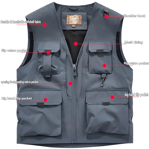 Men's Softshell Fishing Vest Outdoor Lightweight Waistcoat Waterproof Utility Cargo Sleeveless Jacket - color: Gray, size: XX-Large