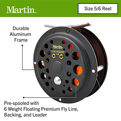 Martin Complete Fly Fishing Kit, 8-Foot 5/6-Weight 3-Piece Fly Fishing Pole, Size 5/6 Rim-Control Reel, Pre-spooled with Backing, Line and Leader, Includes Custom Fly Tackle Assortment, Brown/Green
