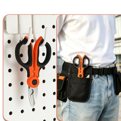 Lichamp 6.4" Orange Stainless Electrician Scissors to Cut, Strip & Crimp | Multi-Function Shears, Wire Stripper, Cutter & Crimper, Orange Handle, ABS Holster, Sharp Blades, for Electrical Work & DIY