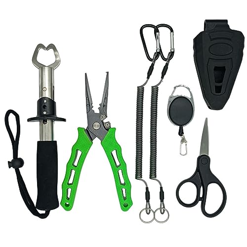 Fishing Pliers,Saltwater Resistant Fishing Gear,Fly Fishing Tools Set,Hook Remover Split Ring,Ice Fishing Gifts for Men - color: Green Tool Set