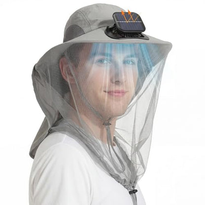 Suhine Mosquito Net Hat with Fan Built in Wide Brim Fan Solar Hat with Netting and Neck Flap for Men Women Outdoor Fishing - color: Light Gray
