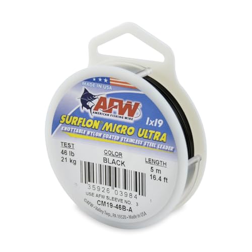 American Fishing Wire Surflon Micro Ultra Nylon Coated 1x19 Stainless Steel Leader Wire - Knottable Fishing Leaders Saltwater & Fly Fishing, 6lb Test - 61lb Test, Bright, Black & Camo Colors - color: Black, style: 5 Meter, 46 Pound Test