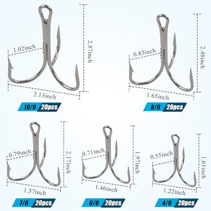 Classic Treble Hooks,20pcs Large Treble Fishing Hooks Saltwater Treble Hooks Silver Big Game Triple Barbed Fish Hooks Saltwater Fishing Hooks Size 4/0 6/0 7/0 8/0 10/0 - size: 20pcs-4/0