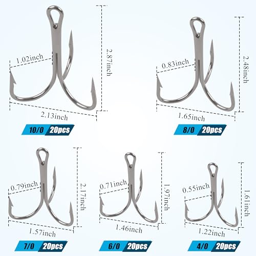 Classic Treble Hooks,20pcs Large Treble Fishing Hooks Saltwater Treble Hooks Silver Big Game Triple Barbed Fish Hooks Saltwater Fishing Hooks Size 4/0 6/0 7/0 8/0 10/0 - size: 20pcs-7/0