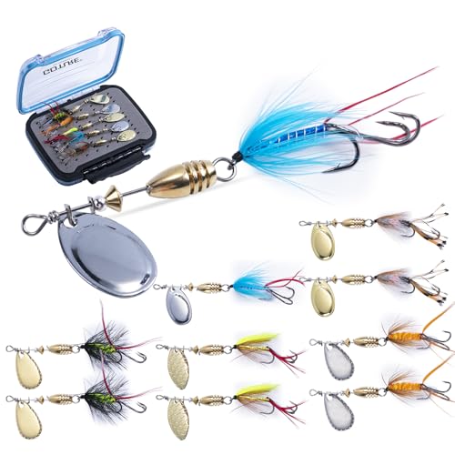 Goture Trout Lures Fishing Spinners,Rooster Bait Tail Bass Fishing Lures with Brass Spinner Blade Fish-Shaped Jig Heads for Freshwater Saltwater,Salmon Steelhead Trout Spinner Bait with Tackle Box - color: D:10pcs Trout Spinners